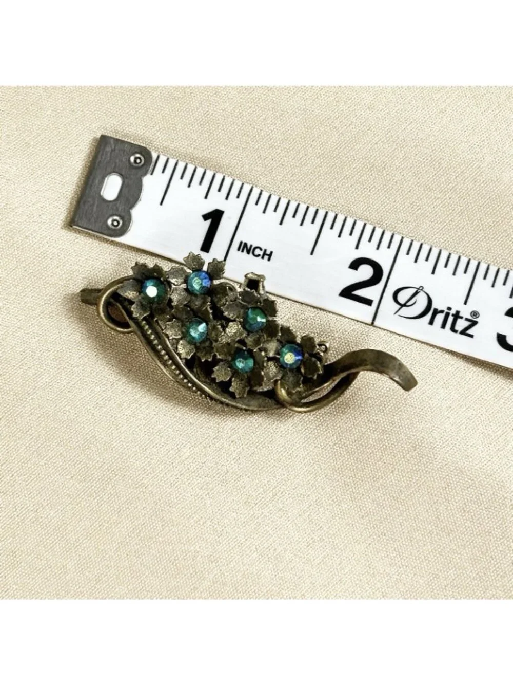 Vintage Art Nouveau Revival Floral Brooch Antique Bronze AB Rhinestone C39